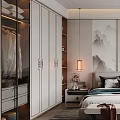 Modern Bedroom Interior With Bed Wardrobe Dressing Table And Wall Painting