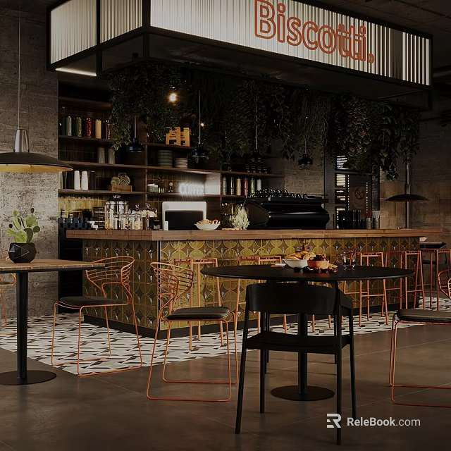 Modern Industrial Café Interior With Green Plants And Wooden Furniture 3d model 