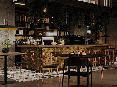 Modern Industrial Café Interior With Green Plants And Wooden Furniture 3d model