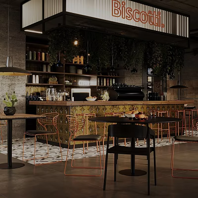 Modern Industrial Café Interior With Green Plants And Wooden Furniture 3d model