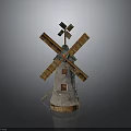 Traditional Windmill Model With Wooden Blades Stone Tower And Red Window Details