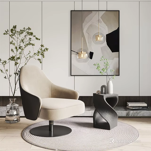 Modern Beige Single Sofa With Black Side Table Green Plants Pendant Lights And Abstract Painting 3d model 
