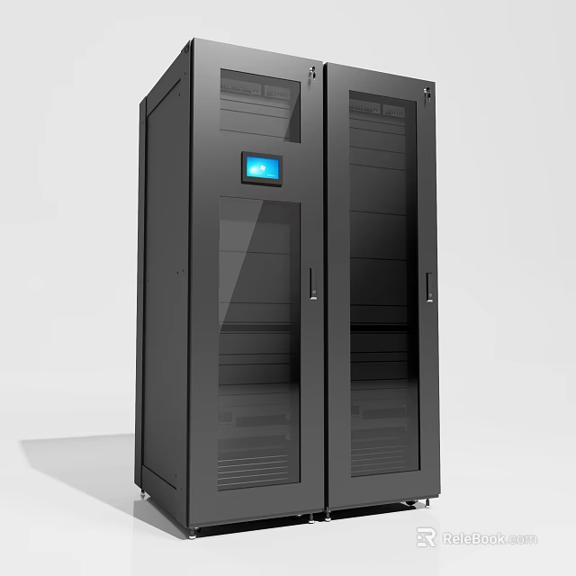 Black Computer Server Rack With Glass Doors Blue Display Panel And Rolling Wheels 3d model 
