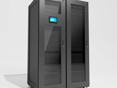 Black Computer Server Rack With Glass Doors Blue Display Panel And Rolling Wheels 3d model