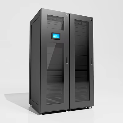 Black Computer Server Rack With Glass Doors Blue Display Panel And Rolling Wheels 3d model