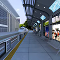 High Speed Train At Modern Railway Platform With Canopy Trees And High Rise Buildings