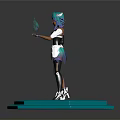 3D Character Model With Blue Green Hair And Black White Outfit On Blue Hexagonal Platform
