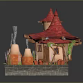 Cartoon House Scene With Red Pointed Roof Brown Walls Green Vines And Orange Towers