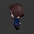 Cute Game Movie Character with Brown Hair Blue Sweater Waving Hand on Grey Background