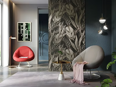 Modern Living Interior with Single Sofa Leaf Pattern Wall Decor Floor Lamp and Green Plants 3d model