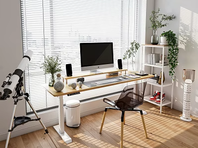 Sunlit Modern Desk By Window With Computer Monitor Chair Potted Plants Telescope Bookshelf And Wooden Floor 3d model