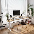 Sunlit Modern Desk By Window With Computer Monitor Chair Potted Plants Telescope Bookshelf And Wooden Floor