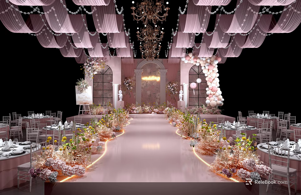 Elegant Banquet Hall With Pink Curtains Chandelier Flower Aisle Warm Lighting And Dining Tables 3d model 