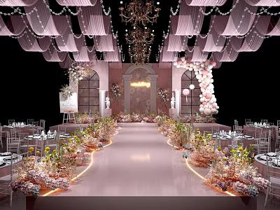 Elegant Banquet Hall With Pink Curtains Chandelier Flower Aisle Warm Lighting And Dining Tables 3d model