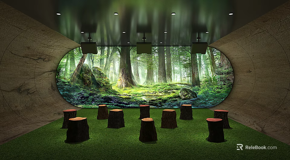 Enchanting Cinema With Large Forest Mural Green Lawn Floor Tree Stump Seats And Ceiling Spotlights 3d model 