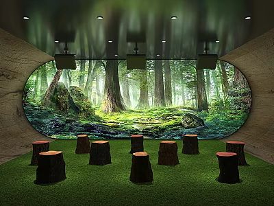 Enchanting Cinema With Large Forest Mural Green Lawn Floor Tree Stump Seats And Ceiling Spotlights 3d model