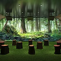 Enchanting Cinema With Large Forest Mural Green Lawn Floor Tree Stump Seats And Ceiling Spotlights
