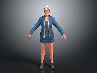 3D Model Woman With Silver Hair Blue Denim Jacket Gray Vest And Brown Shoes 3d model