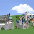 Modern Detached Villa With Green Lawn Windmill Gazebo And Castle Buildings