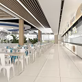 Modern Dining Hall Interior With Round Tables Chairs Central Column Ceiling Design And Plants 3d model