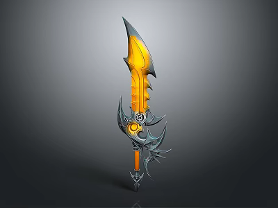 3D Model of Decorative Weapon With Yellow Gray Sharp Blade and Intricate Design 3d model