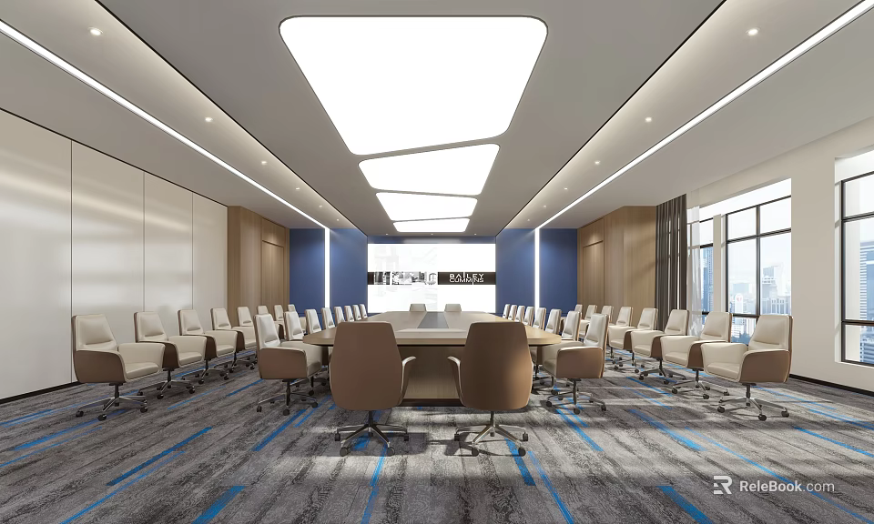 Spacious Modern Conference Room Interior Design With Long Table Chairs Large Windows And Ceiling Lights 3d model