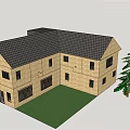 Detached Villa Exterior With Brick Walls Black Roof Multiple Windows And Pine Tree