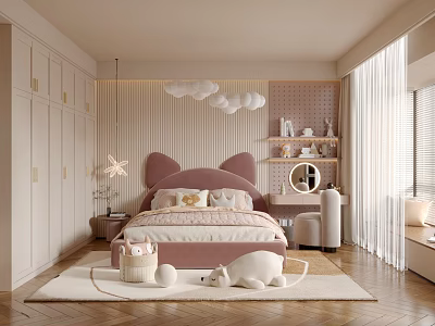 Sweet Kids Room With Pink Cat Ear Bed Cloud Pendant Lights Bookshelf And Soft Rug 3d model