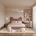 Sweet Kids Room With Pink Cat Ear Bed Cloud Pendant Lights Bookshelf And Soft Rug