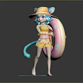 Cat Eared Girl In Yellow Top Orange Shorts With Pink Inflatable Ring Blue Tail Splashes