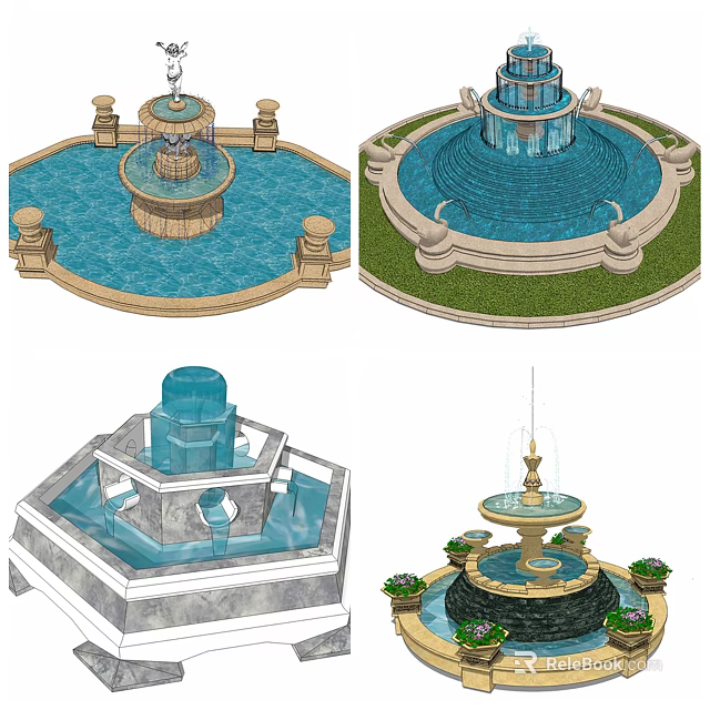Different Tiered Fountain Designs With Circular Hexagonal Shapes And Ornamental Columns 3d model 