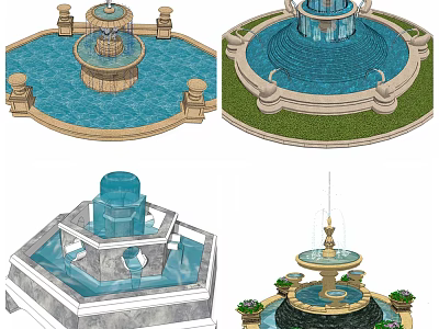 Different Tiered Fountain Designs With Circular Hexagonal Shapes And Ornamental Columns 3d model