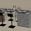 Modern Kitchen With Marble Island Stools Decorative Bottles And Ice Bucket 3d model