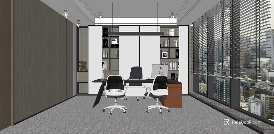 Modern Office Interior Design With Desk Chairs Bookshelves And Large Windows 3d model 