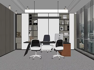 Modern Office Interior Design With Desk Chairs Bookshelves And Large Windows 3d model