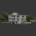 Cartoon Scene Multi Storey Building With Red Roofs And Grey Walls Surrounded By Green Trees