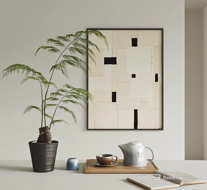 Tea Set With Teapot And Cup On Wooden Tray Near Green Plant And Abstract Painting 3d model 