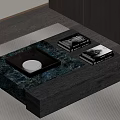 Modern Wooden Coffee Table With Marble Tray Glass Cups And Stacked Books