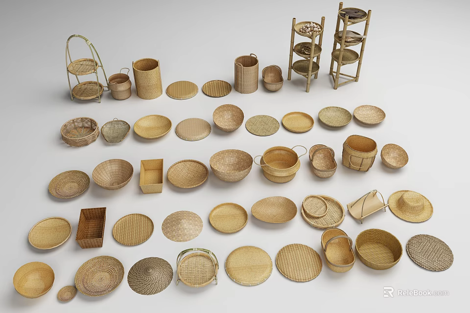 Various Handmade Bamboo Household Items Such As Baskets Trays Shelves And Racks 3d model 