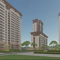 Modern High Rise Residential Buildings With Lush Greenery Paved Walkway And People Walking