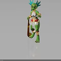 Anthropomorphic Green Creature Character With Blue Feathered Headdress Holding Staff In Ornamental Outfit