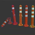 Set Of Orange Traffic Cones With White Reflective Stripes Standing And Fallen