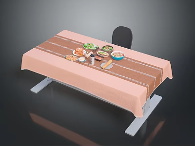 Delicious Food Arrangement On Pink Tablecloth Dining Table With Salad Bowls Drinks And Black Chair 3d model