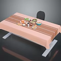 Delicious Food Arrangement On Pink Tablecloth Dining Table With Salad Bowls Drinks And Black Chair