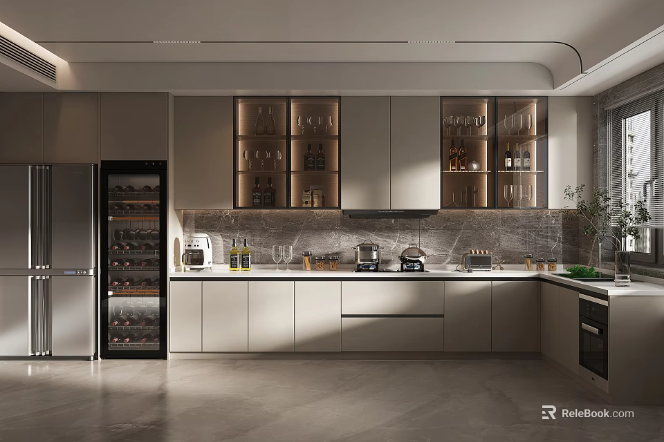 Modern Kitchen Interior Design With Cabinets Wine Cooler And Marble Countertop 3d model 