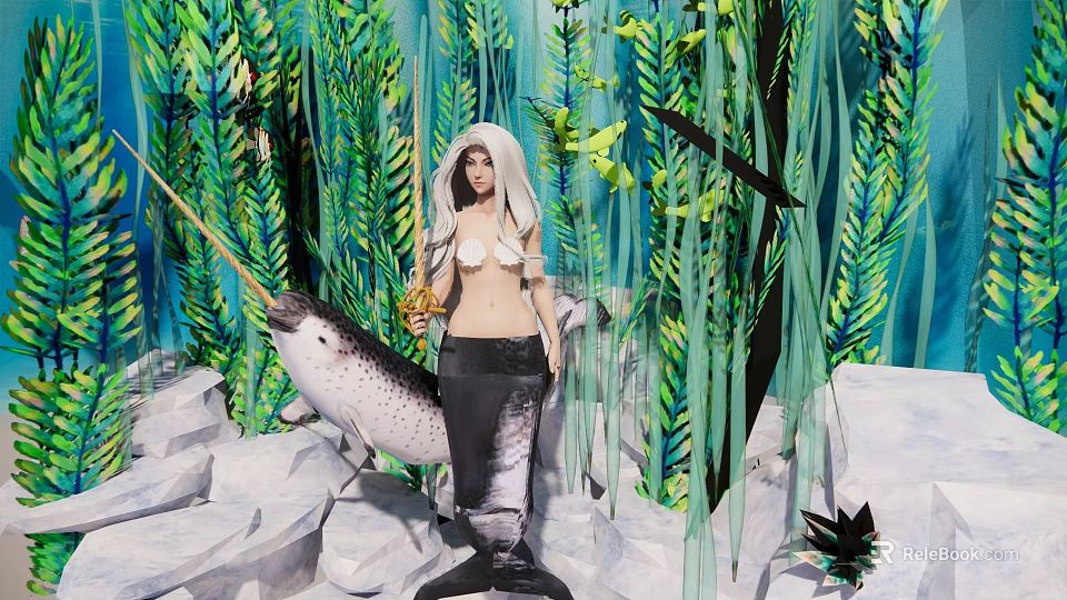 Gorgeous Mermaid in Underwater Scene with Lush Aquatic Plants and Smooth Rocks 3d model 