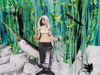 Gorgeous Mermaid in Underwater Scene with Lush Aquatic Plants and Smooth Rocks 3d model