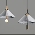 Two Modern Pendant Lights With White Pleated Shades And Gold Metal Accents