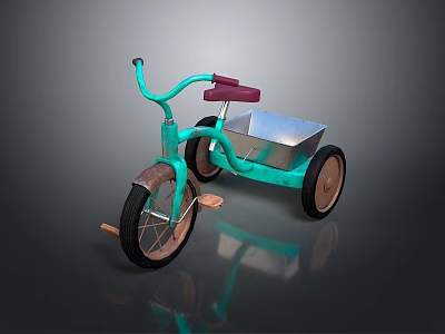 Classic Design Turquoise Children's Tricycle With Red Seat Metal Cart And Black Wheels 3d model