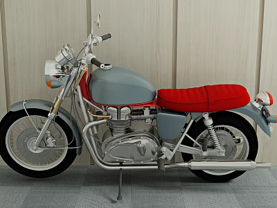 Vintage Gray Motorcycle With Red Seat Chrome Accents And Retro Indoor Design 3d model